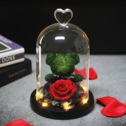 Foreign trade Teddy rose bear immortal flower finished product wholesale glass cover ornaments Valentine?s day and Chinese Valentine?s Day gift