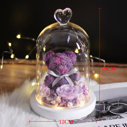 Foreign trade Teddy rose bear immortal flower finished product wholesale glass cover ornaments Valentine?s day and Chinese Valentine?s Day gift