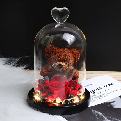 Foreign trade Teddy rose bear immortal flower finished product wholesale glass cover ornaments Valentine?s day and Chinese Valentine?s Day gift