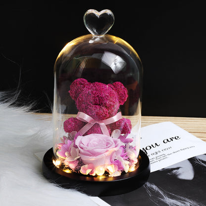 Foreign trade Teddy rose bear immortal flower finished product wholesale glass cover ornaments Valentine?s day and Chinese Valentine?s Day gift