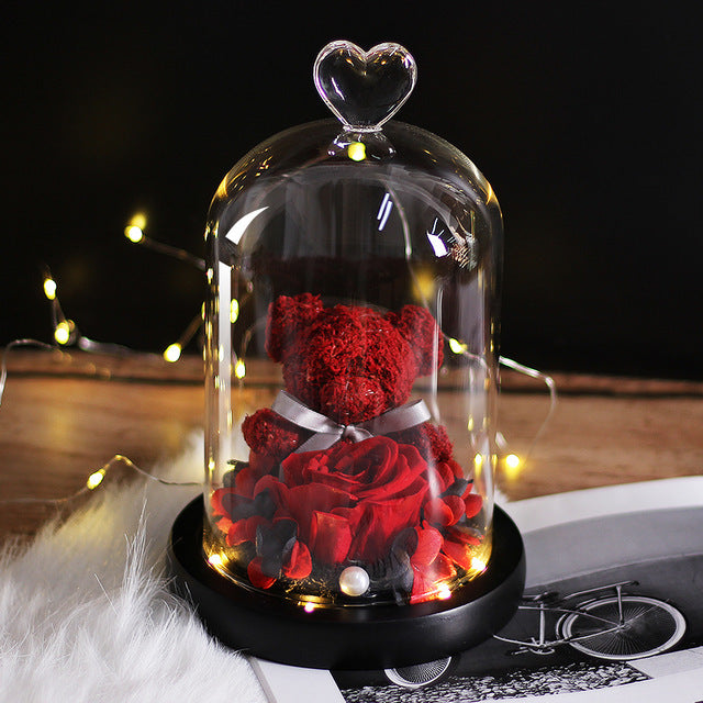 Foreign trade Teddy rose bear immortal flower finished product wholesale glass cover ornaments Valentine?s day and Chinese Valentine?s Day gift