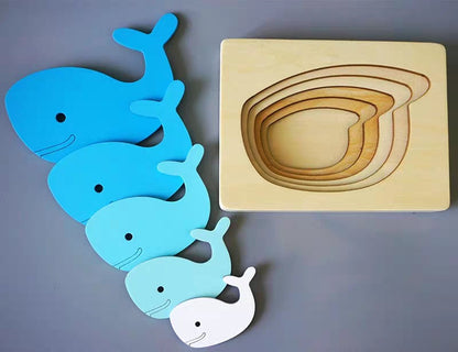 Multi-layer 5-layer puzzle three-dimensional wooden animal jigsaw puzzle color gradient shape change perception Montessori early education teaching aid