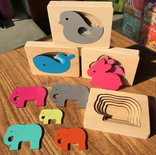 Multi-layer 5-layer puzzle three-dimensional wooden animal jigsaw puzzle color gradient shape change perception Montessori early education teaching aid