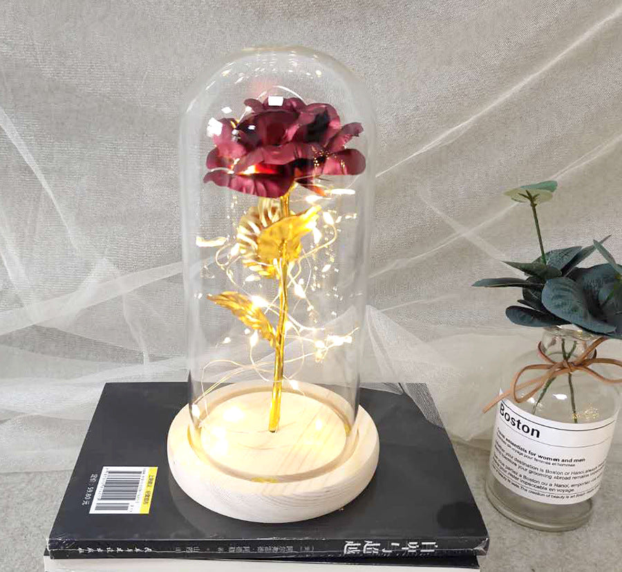 Gold foil rose glass cover luminous led night light simulation immortal flower Christmas Valentine's day gift decoration