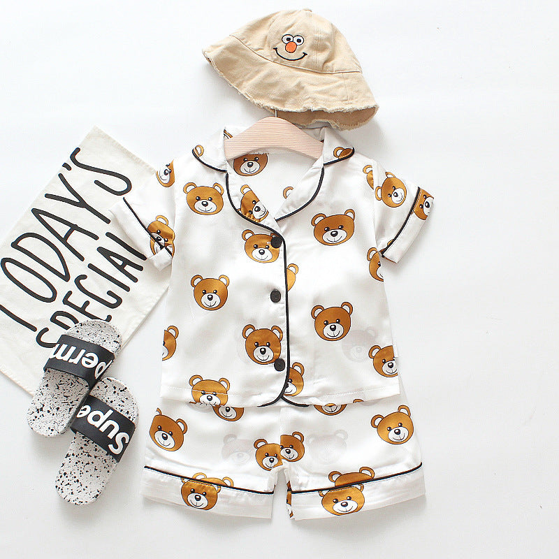 Infant children baby summer cool silky short-sleeved pajamas suit short-sleeved lapel button shorts one generation