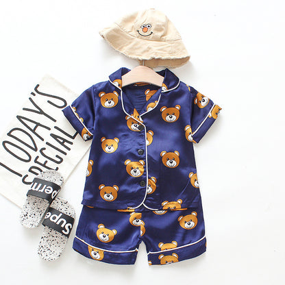 Infant children baby summer cool silky short-sleeved pajamas suit short-sleeved lapel button shorts one generation