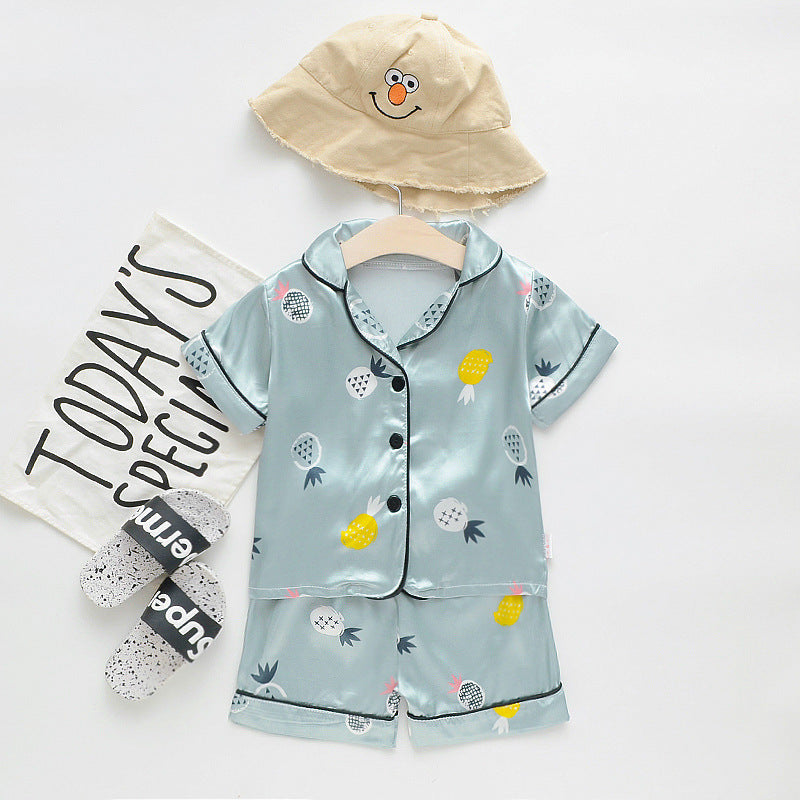 Infant children baby summer cool silky short-sleeved pajamas suit short-sleeved lapel button shorts one generation