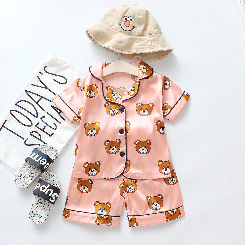 Infant children baby summer cool silky short-sleeved pajamas suit short-sleeved lapel button shorts one generation