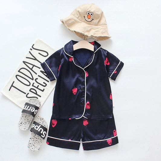 Infant children baby summer cool silky short-sleeved pajamas suit short-sleeved lapel button shorts one generation