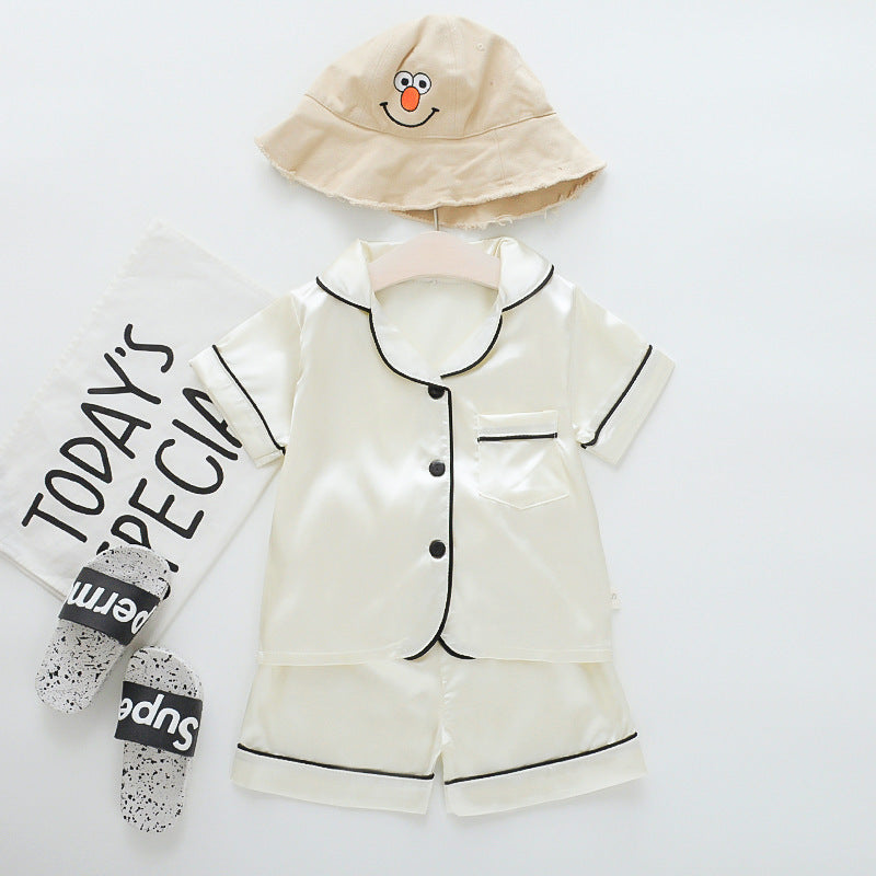 Infant children baby summer cool silky short-sleeved pajamas suit short-sleeved lapel button shorts one generation