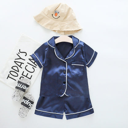 Infant children baby summer cool silky short-sleeved pajamas suit short-sleeved lapel button shorts one generation