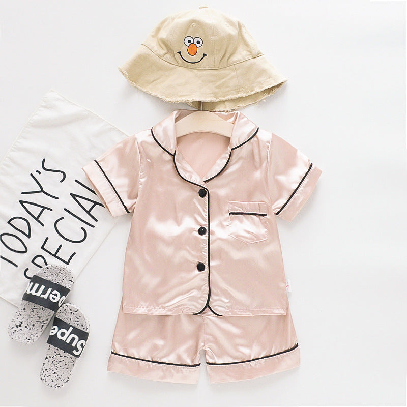 Infant children baby summer cool silky short-sleeved pajamas suit short-sleeved lapel button shorts one generation