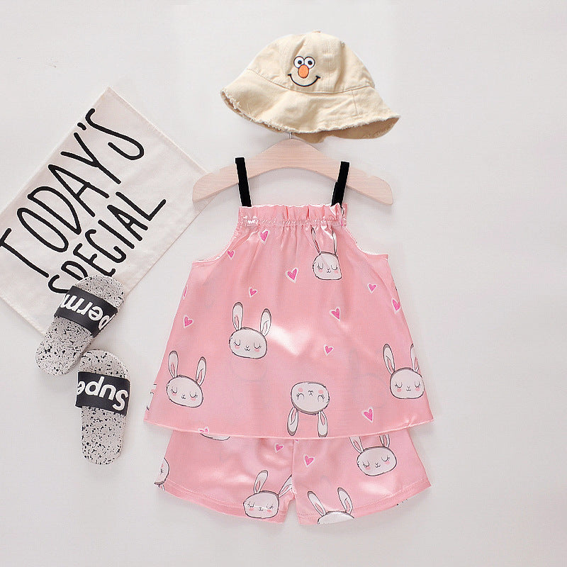 Infant children baby summer cool silky short-sleeved pajamas suit short-sleeved lapel button shorts one generation