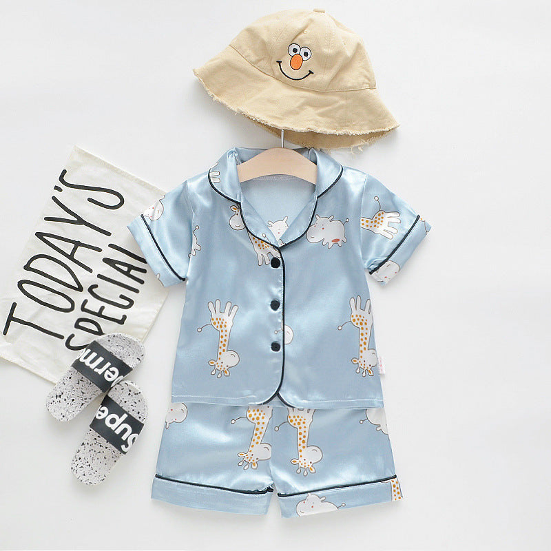 Infant children baby summer cool silky short-sleeved pajamas suit short-sleeved lapel button shorts one generation