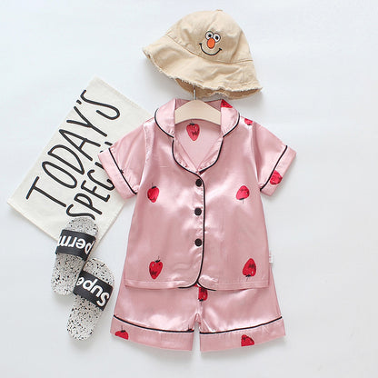 Infant children baby summer cool silky short-sleeved pajamas suit short-sleeved lapel button shorts one generation