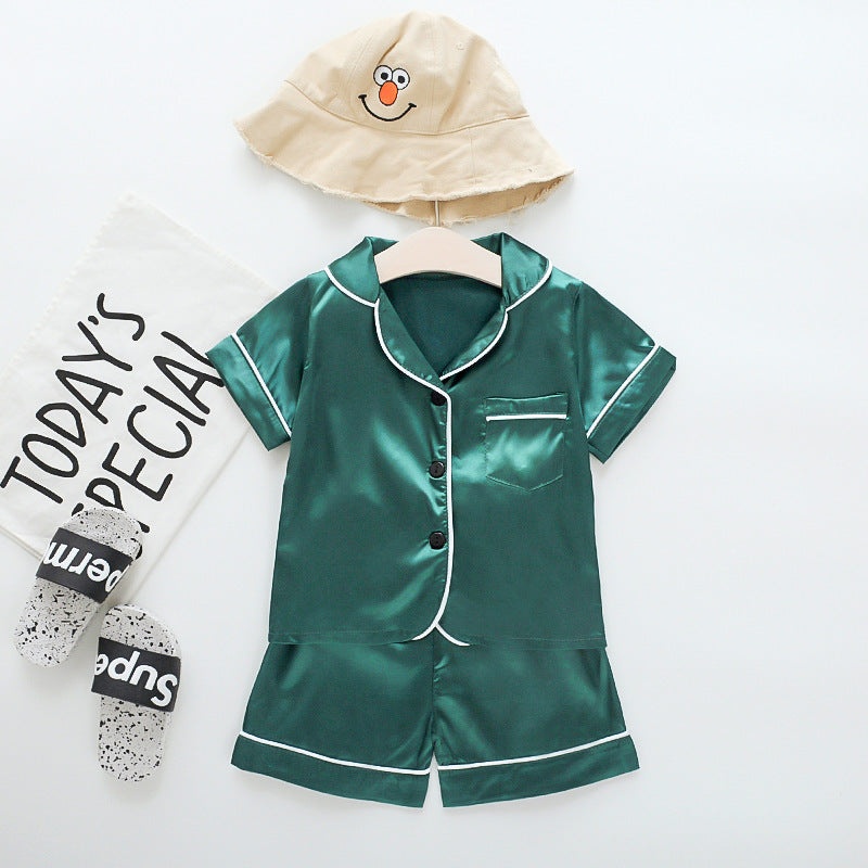 Infant children baby summer cool silky short-sleeved pajamas suit short-sleeved lapel button shorts one generation