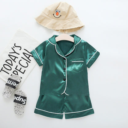 Infant children baby summer cool silky short-sleeved pajamas suit short-sleeved lapel button shorts one generation