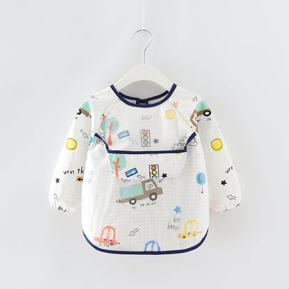 Children's blouse waterproof long-sleeved reverse dressing baby eating clothes apron cotton children's bib protective clothing with rice pocket