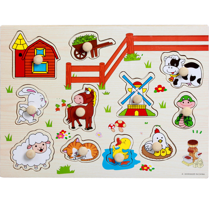 Factory direct animal digital letter hand grab board jigsaw puzzle 1-3-4 years old intellectual baby wooden toy