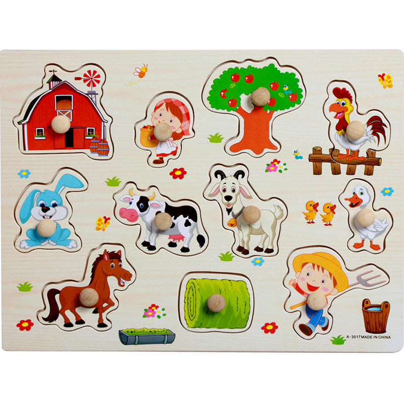 Factory direct animal digital letter hand grab board jigsaw puzzle 1-3-4 years old intellectual baby wooden toy