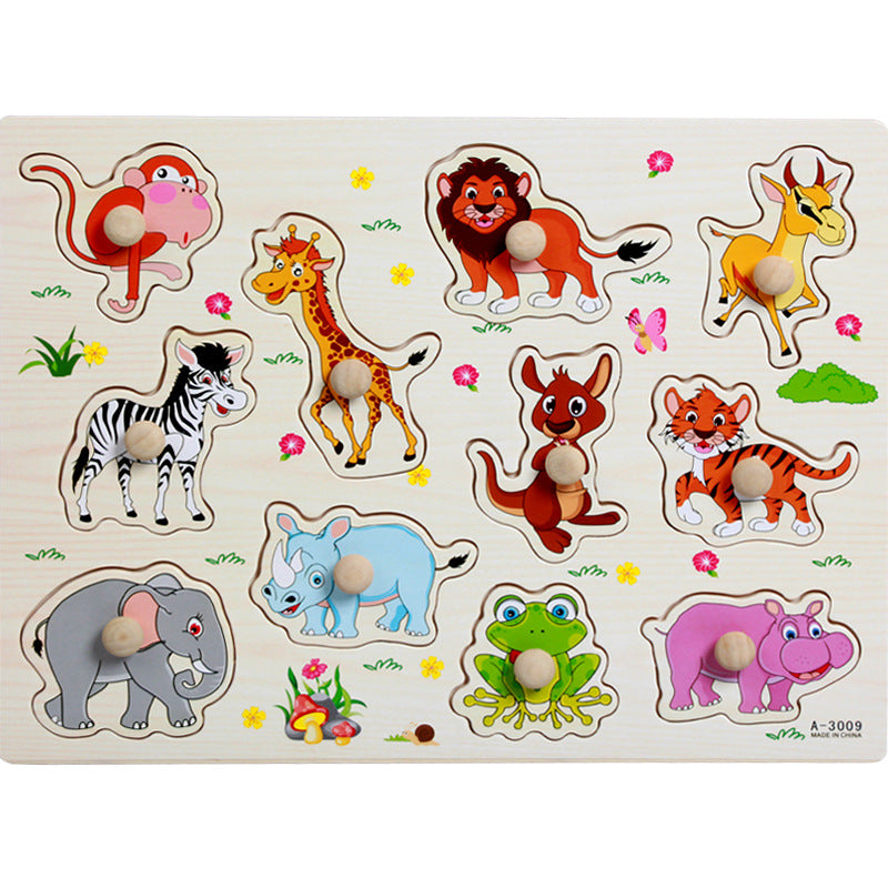 Factory direct animal digital letter hand grab board jigsaw puzzle 1-3-4 years old intellectual baby wooden toy