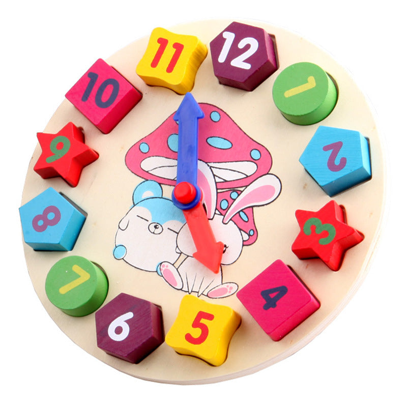 Wholesale color wooden shape clock porous cognitive toy matching building blocks children's educational digital time teaching aid