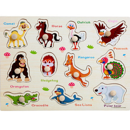 Factory direct animal digital letter hand grab board jigsaw puzzle 1-3-4 years old intellectual baby wooden toy