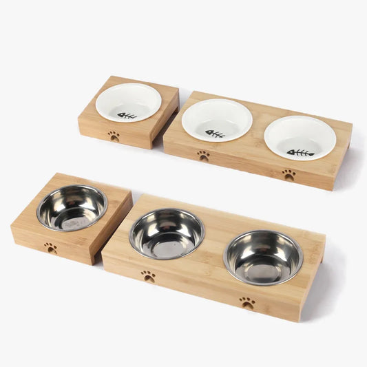 Cats Food Bowl Feeding Pet Stainless Steel Ceramic Feeding And Water Bowls With Bamboo Frame for Dogs and Cats Pets Dish