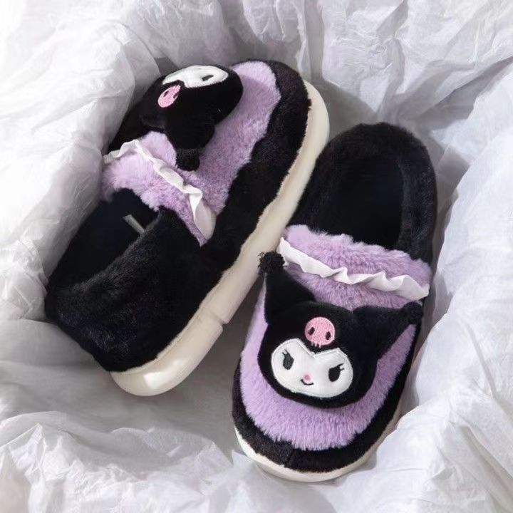 Kuromi Sanrio cotton slippers for girls in winter cute Baotou indoor home non-slip lightweight warm furry shoes