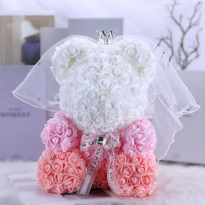 Valentine's Day Gift 40cm Rose Bear Wedding Dress Model Immortal Flower Bear Heart 25cm Flower Bear Wholesale