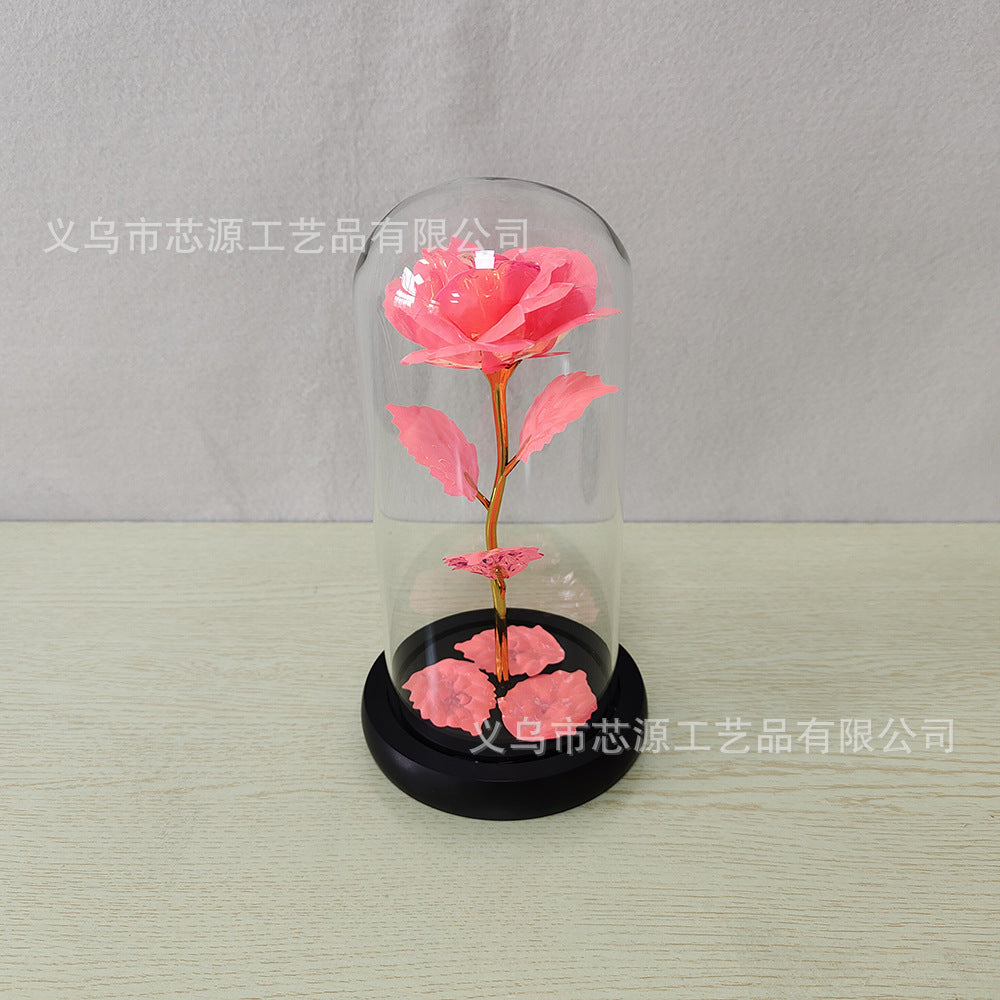 Gold foil rose glass cover luminous led night light simulation immortal flower Christmas Valentine's day gift decoration