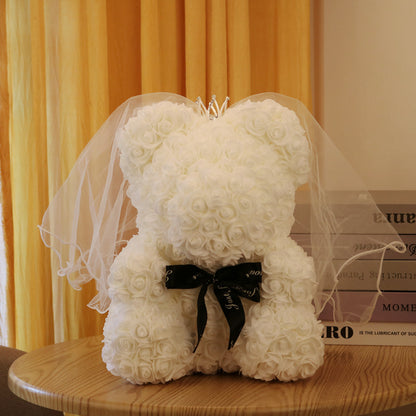 Valentine's Day Gift 40cm Rose Bear Wedding Dress Model Immortal Flower Bear Heart 25cm Flower Bear Wholesale