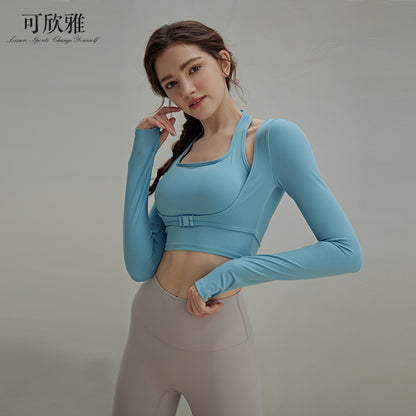 Lulu with chest pad yoga clothing vest female spring and autumn dance running fake two-piece long-sleeved sports top fitness clothing