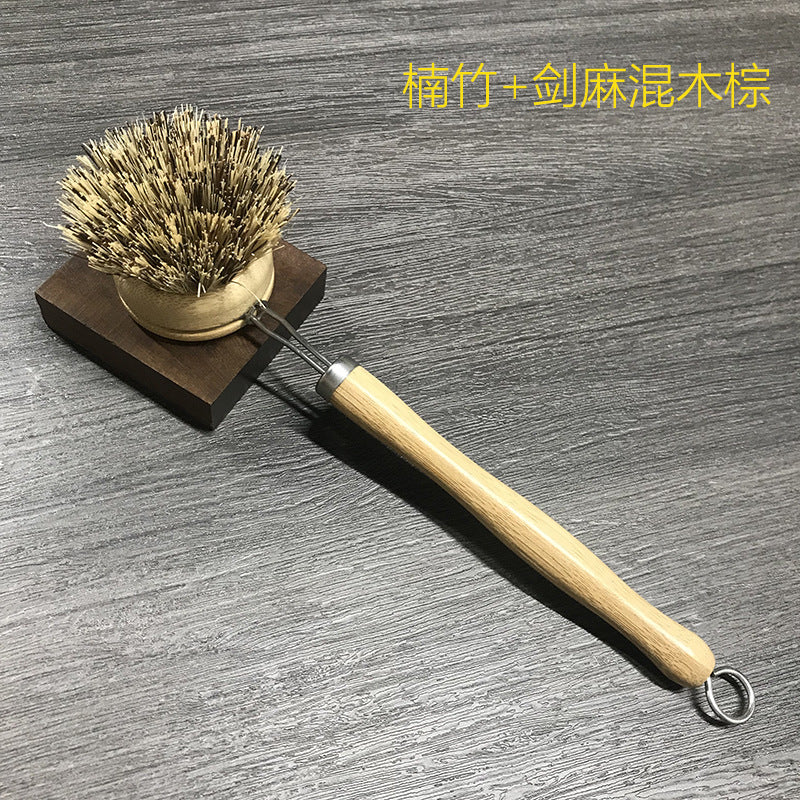 wooden kitchen cleaning brush non-stick oil sisal palm short handle round dish brush wash bowl brush seal pot brush