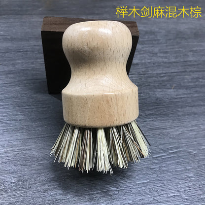 wooden kitchen cleaning brush non-stick oil sisal palm short handle round dish brush wash bowl brush seal pot brush