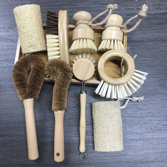 wooden kitchen cleaning brush non-stick oil sisal palm short handle round dish brush wash bowl brush seal pot brush