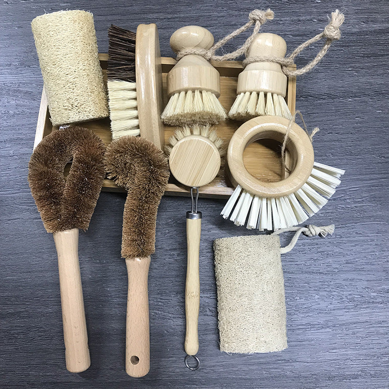 wooden kitchen cleaning brush non-stick oil sisal palm short handle round dish brush wash bowl brush seal pot brush