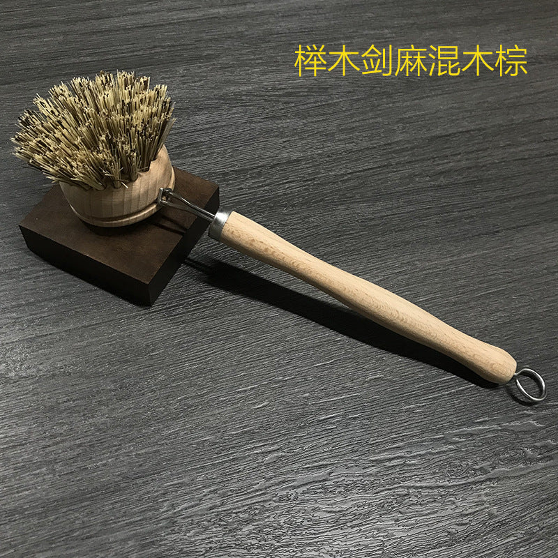 wooden kitchen cleaning brush non-stick oil sisal palm short handle round dish brush wash bowl brush seal pot brush