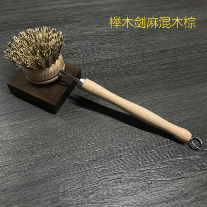 wooden kitchen cleaning brush non-stick oil sisal palm short handle round dish brush wash bowl brush seal pot brush