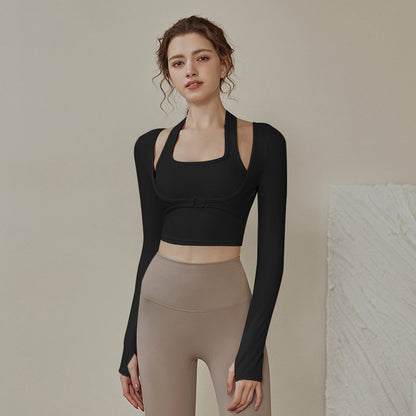 Lulu with chest pad yoga clothing vest female spring and autumn dance running fake two-piece long-sleeved sports top fitness clothing