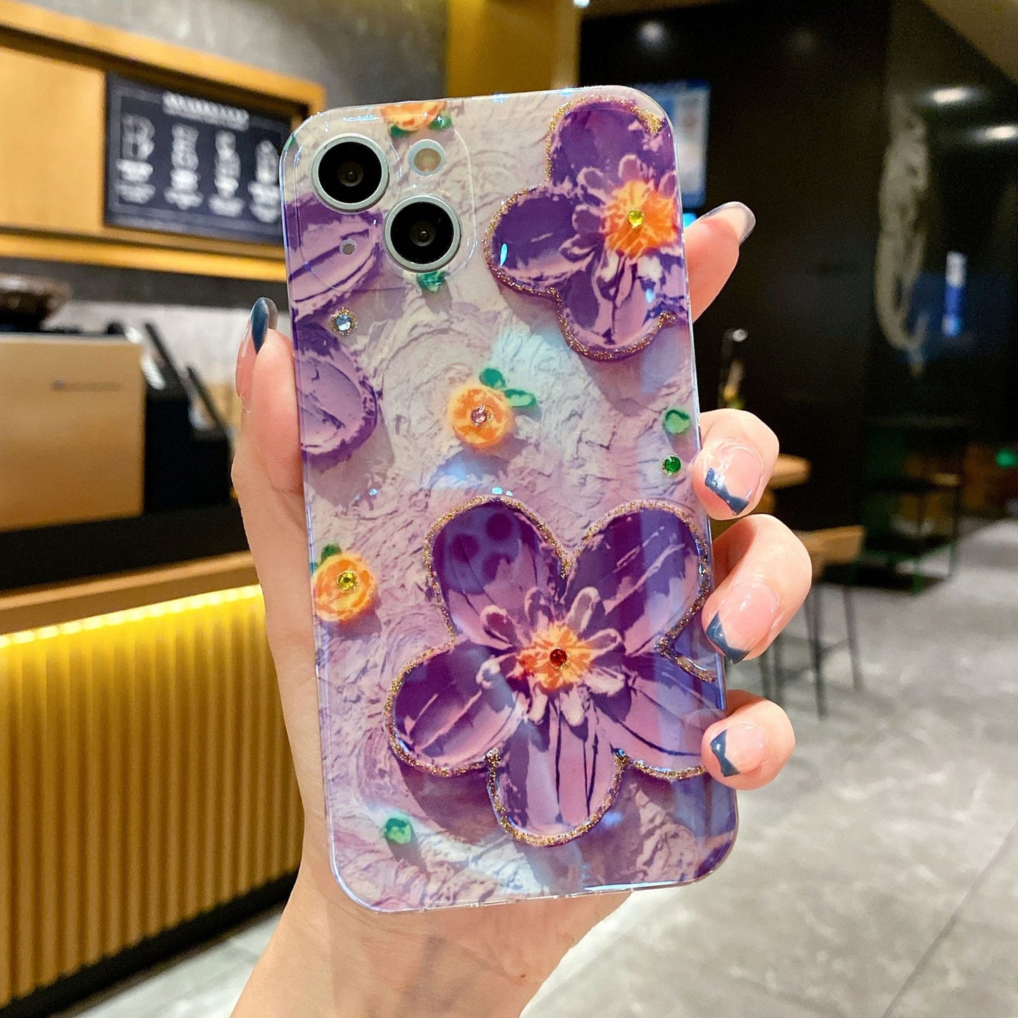 Ins oil painting yellow and purple flowers are suitable for iPhone15 Blu-ray electric drill 13promax Apple 11 mobile phone case XSMAX