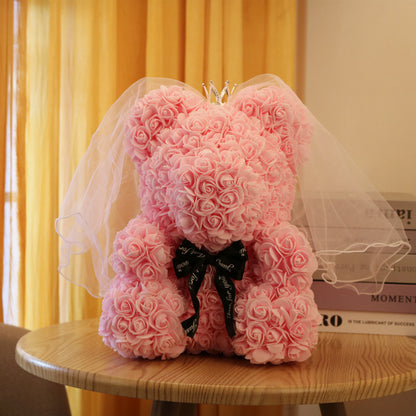 Valentine's Day Gift 40cm Rose Bear Wedding Dress Model Immortal Flower Bear Heart 25cm Flower Bear Wholesale