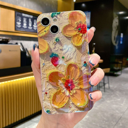 Ins oil painting yellow and purple flowers are suitable for iPhone15 Blu-ray electric drill 13promax Apple 11 mobile phone case XSMAX