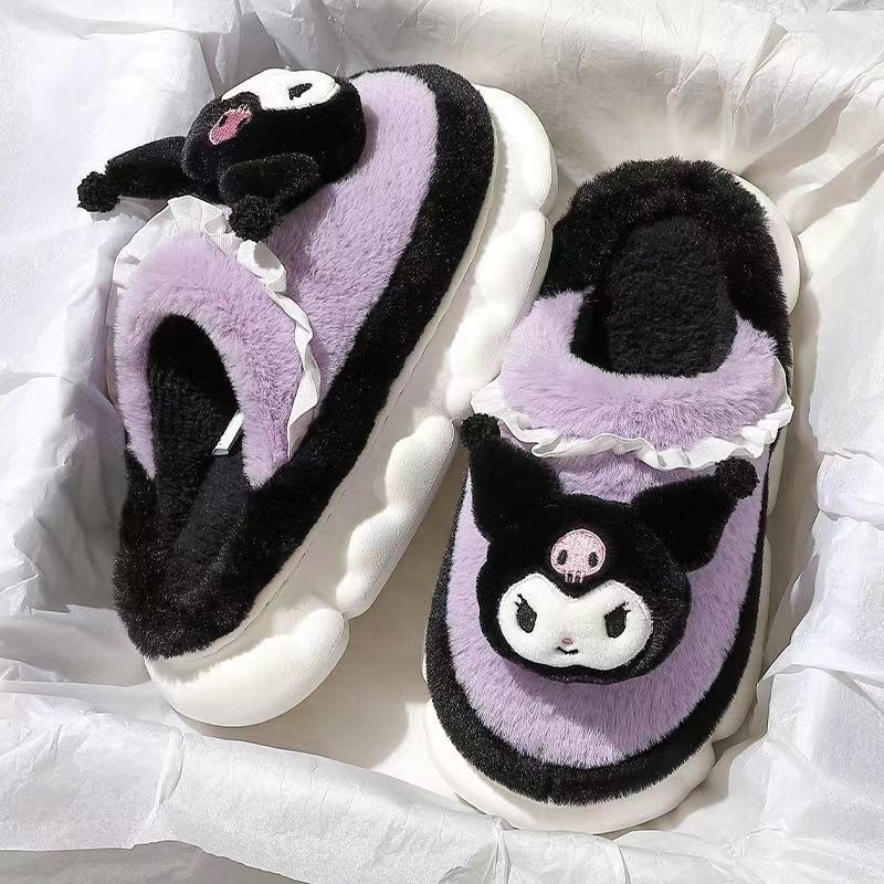 Kuromi Sanrio cotton slippers for girls in winter cute Baotou indoor home non-slip lightweight warm furry shoes