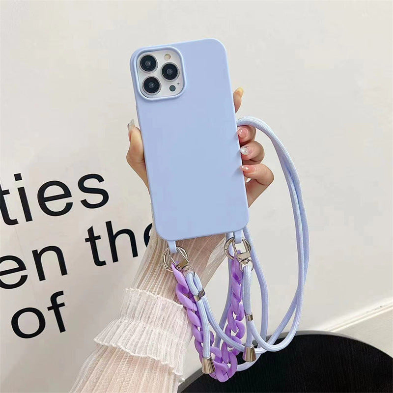 Cross-border pure color lanyard Messenger mobile phone case suitable for Apple Samsung silicone mobile phone case chain mobile phone case