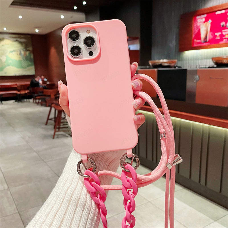 Cross-border pure color lanyard Messenger mobile phone case suitable for Apple Samsung silicone mobile phone case chain mobile phone case