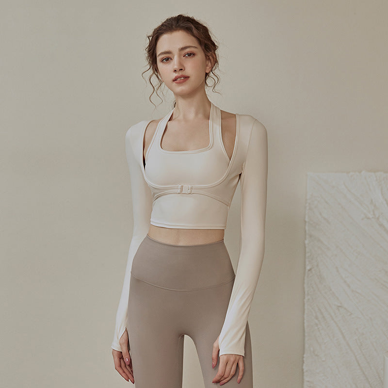 Lulu with chest pad yoga clothing vest female spring and autumn dance running fake two-piece long-sleeved sports top fitness clothing